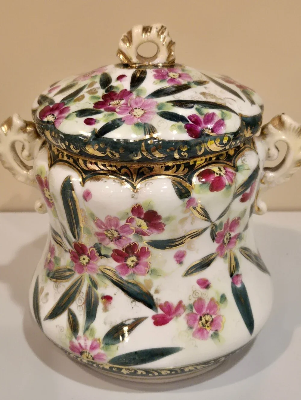 Hand-Painted Floral Porcelain Jar with Lid - Pink & Green